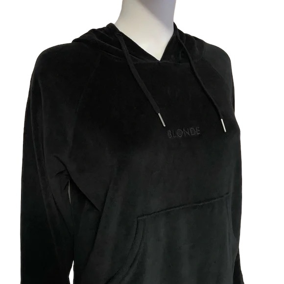 Brunette The Label BLONDE Embroidered Velour Hoodie in Black. Size Medium. - Picture 4 of 7